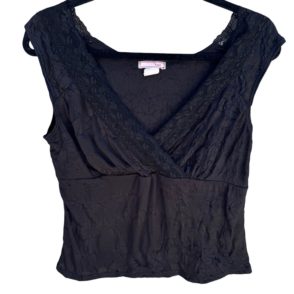Vol 1 Y2K Black Crinkle Lace Trim V-Neck Empire Waist Top XL Whimsigoth Grunge